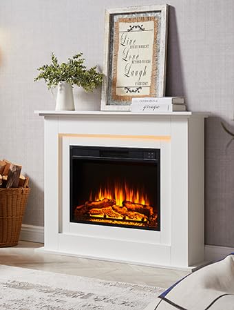 BALDERIA Finn Elektrokamin - Standkamin mit Heizung 2000 W, realistischer 3D-Flammeneffekt, Ambientebeleuchtung, Fernbedienung, Timer, Thermostat - Weiß