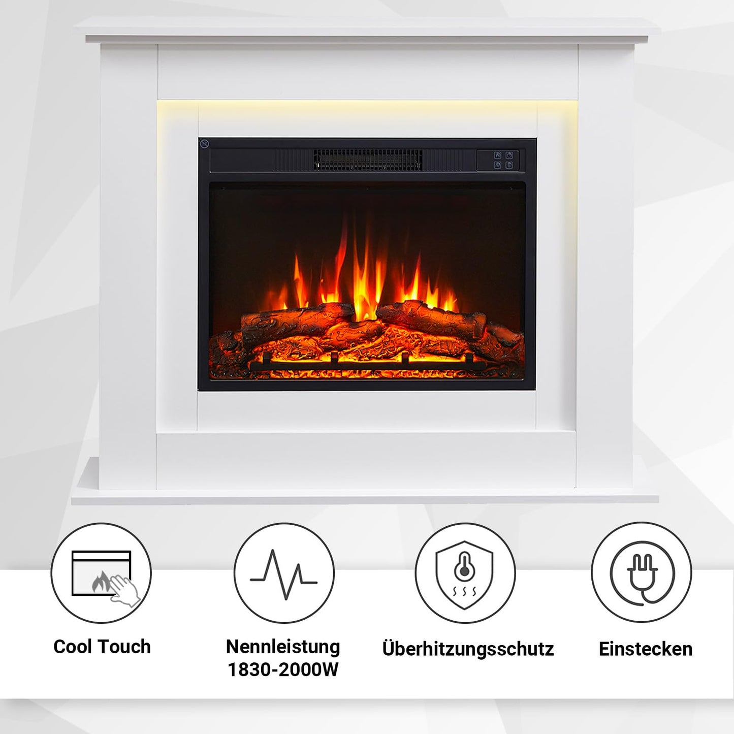 BALDERIA Finn Elektrokamin - Standkamin mit Heizung 2000 W, realistischer 3D-Flammeneffekt, Ambientebeleuchtung, Fernbedienung, Timer, Thermostat - Weiß