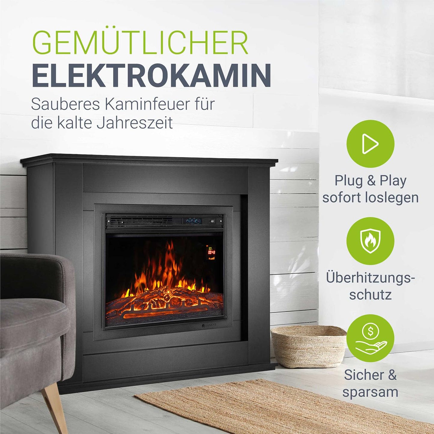 Juskys Elektrokamin 1000/2000 W mit Heizung, Kaminfeuer, Flammeneffekt, Fernbedienung, LED Beleuchtung & Timer - Elektrischer Kamin Standkamin schwarz