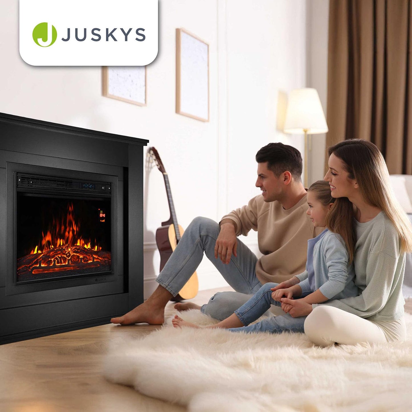 Juskys Elektrokamin 1000/2000 W mit Heizung, Kaminfeuer, Flammeneffekt, Fernbedienung, LED Beleuchtung & Timer - Elektrischer Kamin Standkamin schwarz