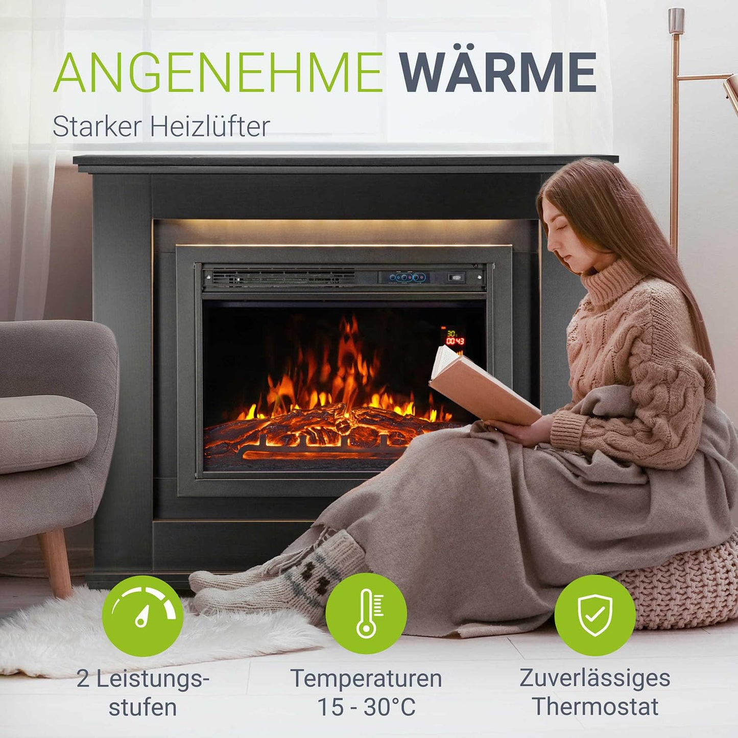 Juskys Elektrokamin 1000/2000 W mit Heizung, Kaminfeuer, Flammeneffekt, Fernbedienung, LED Beleuchtung & Timer - Elektrischer Kamin Standkamin schwarz