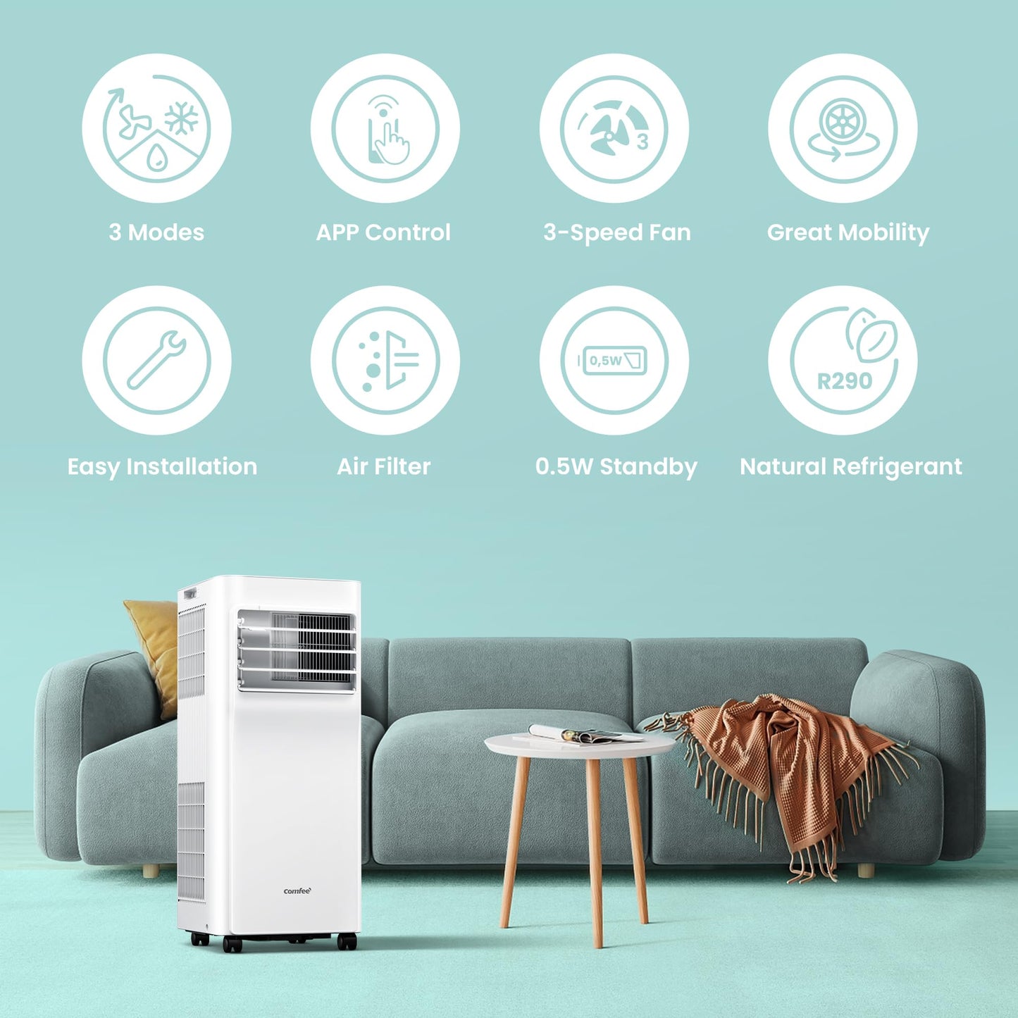 Comfee Mobiles Klimagerät Breezy Cool Pro 2.0,7000 BTU 2,0kW, Kühlen&Ventilieren&Entfeuchten,APP-Steuerung,Raumgröße bis 68m³(25㎡),Mobile Klimaanlage mit Abluftschlauch,