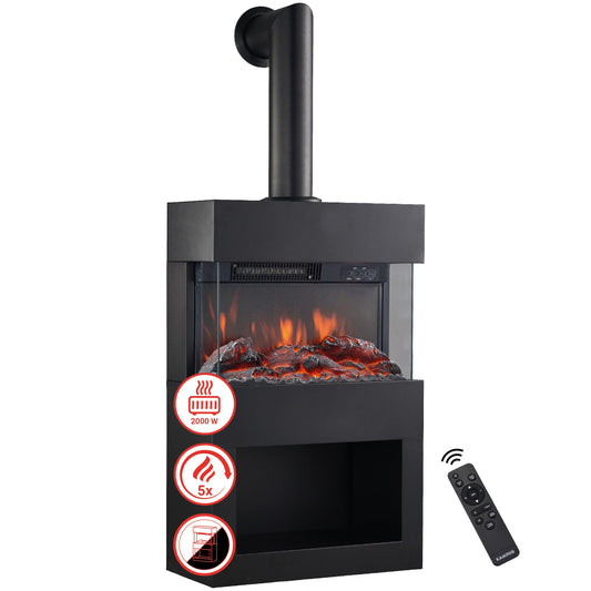 KAMINIO Elektrokamin Henri mit Ofenrohr - Elektrischer Kaminofen mit Heizung, 3D-Flammeneffekt, Holzfach, Fernbedienung (Schwarz)