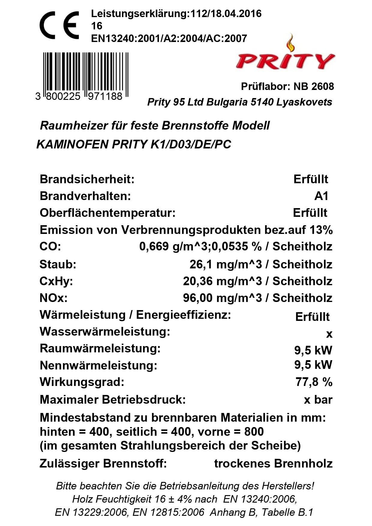 EEK A Kaminofen Prity K1-9 kW