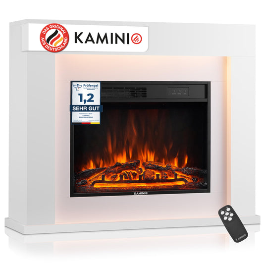 KAMINIO Elektrokamin Matti - Elektrischer Standkamin mit Heizung, 3D-Flammeneffekt, LED-Ambientelicht, Fernbedienung - 38 Zoll (Weiß)