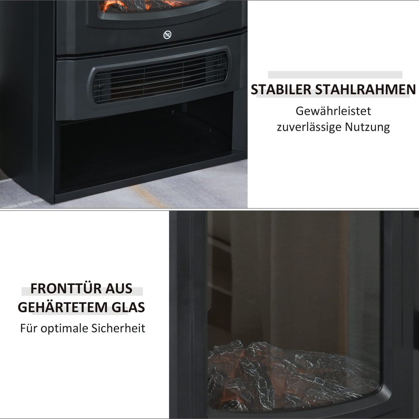 HOMCOM Elektrokamin mit Heizung, elektrischer Kamin mit LED Flammeneffekt, 1000 W/2000 W Dekokamin mit Thermostat, elektrisch Kaminfeuer Kaminofen, Schwarz