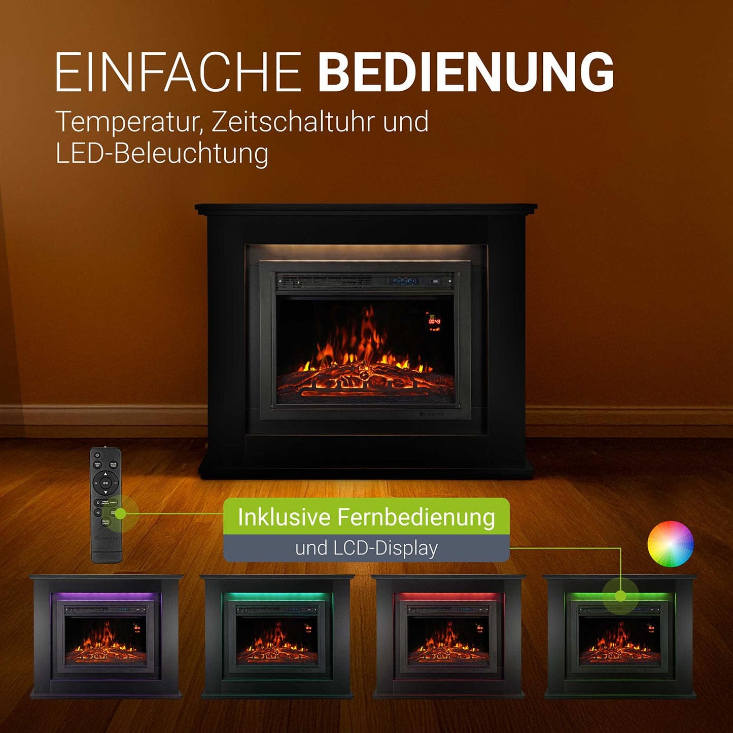 Juskys Elektrokamin 1000/2000 W mit Heizung, Kaminfeuer, Flammeneffekt, Fernbedienung, LED Beleuchtung & Timer - Elektrischer Kamin Standkamin schwarz