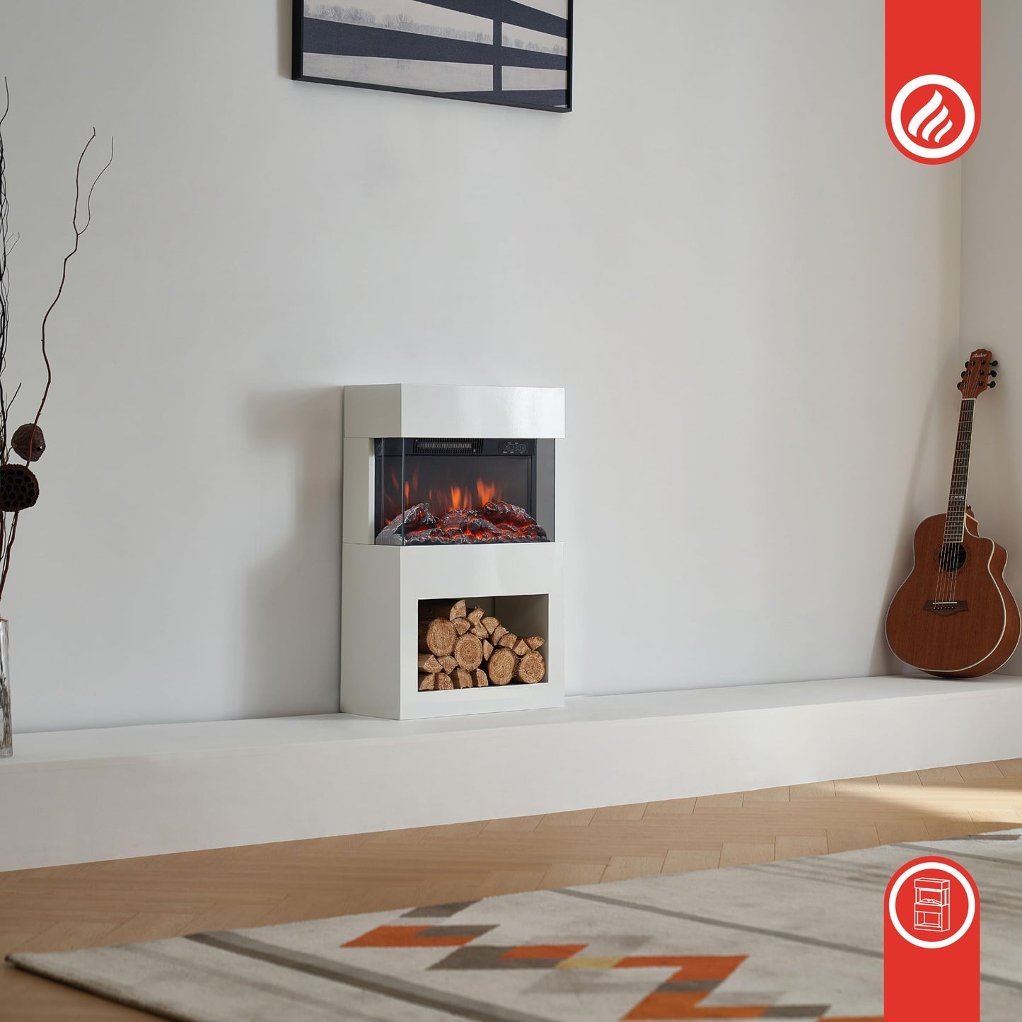 KAMINIO Elektrokamin Henri - Elektrischer Kaminofen mit Heizung, 3D-Flammeneffekt, Holzfach, Fernbedienung (Weiß)