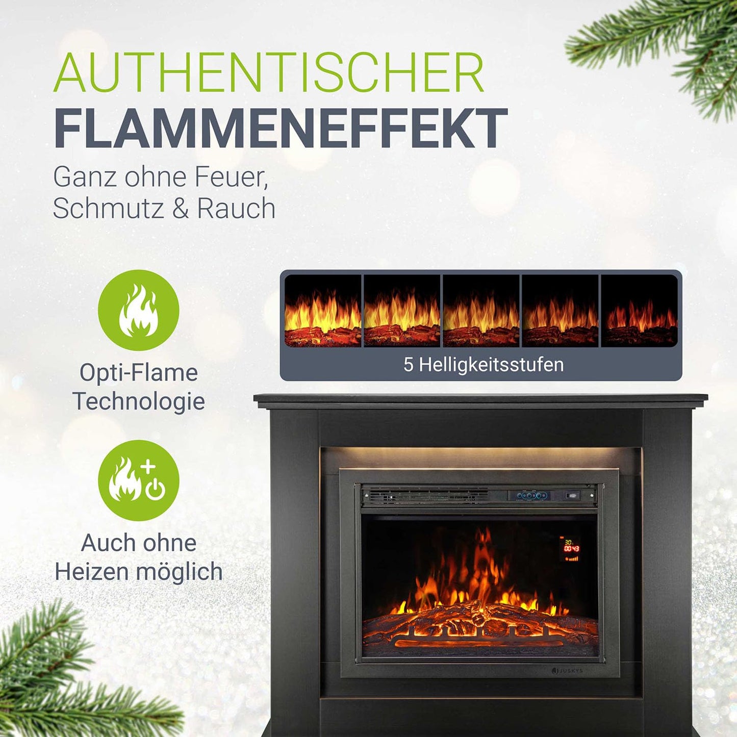 Juskys Elektrokamin 1000/2000 W mit Heizung, Kaminfeuer, Flammeneffekt, Fernbedienung, LED Beleuchtung & Timer - Elektrischer Kamin Standkamin schwarz