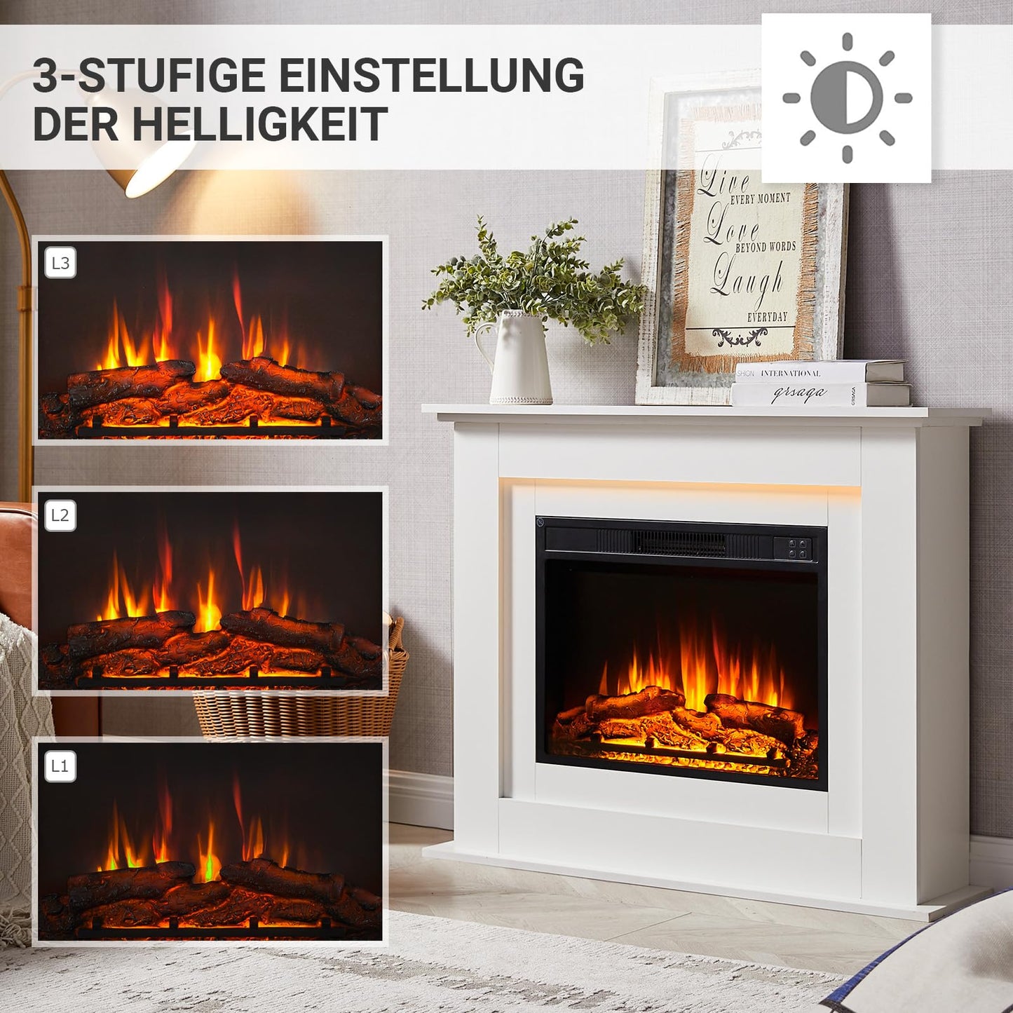 BALDERIA Finn Elektrokamin - Standkamin mit Heizung 2000 W, realistischer 3D-Flammeneffekt, Ambientebeleuchtung, Fernbedienung, Timer, Thermostat - Weiß