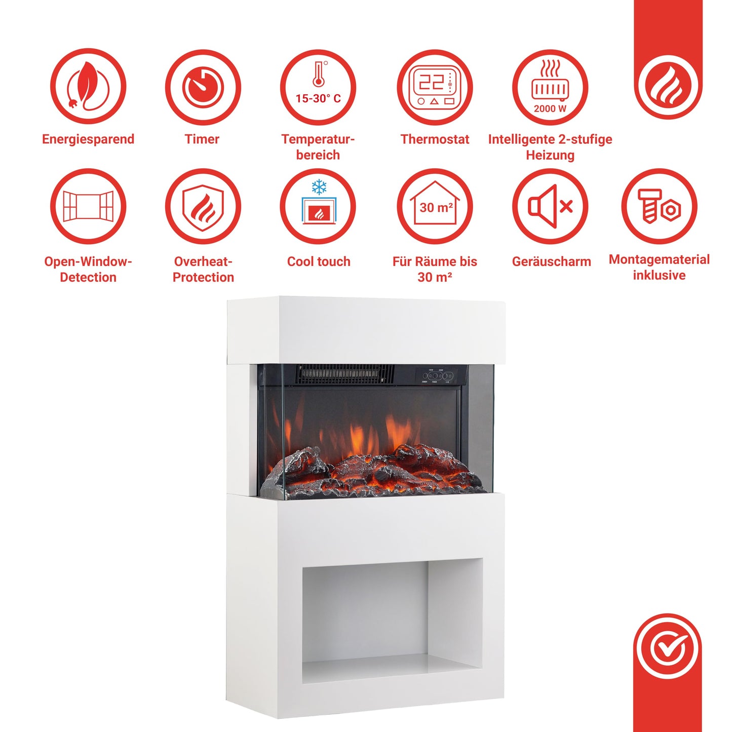 KAMINIO Elektrokamin Henri - Elektrischer Kaminofen mit Heizung, 3D-Flammeneffekt, Holzfach, Fernbedienung (Weiß)