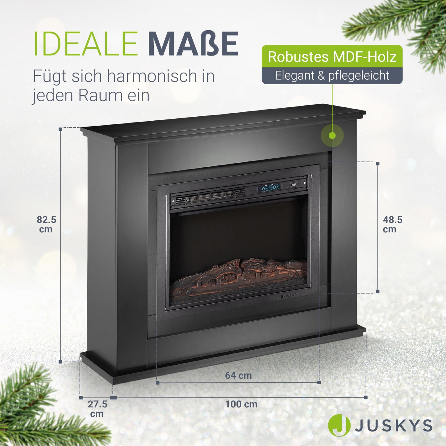 Juskys Elektrokamin 1000/2000 W mit Heizung, Kaminfeuer, Flammeneffekt, Fernbedienung, LED Beleuchtung & Timer - Elektrischer Kamin Standkamin schwarz