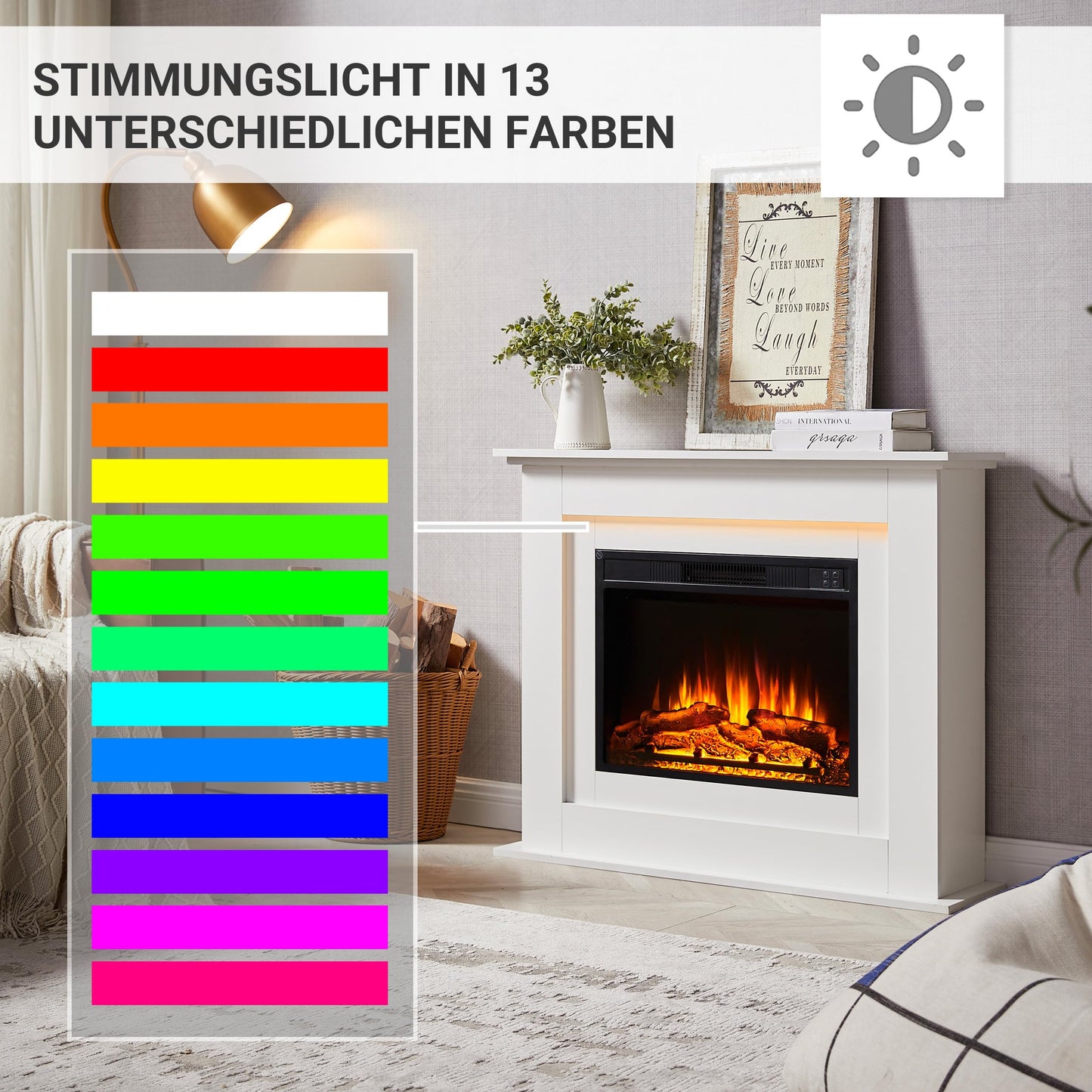 BALDERIA Finn Elektrokamin - Standkamin mit Heizung 2000 W, realistischer 3D-Flammeneffekt, Ambientebeleuchtung, Fernbedienung, Timer, Thermostat - Weiß