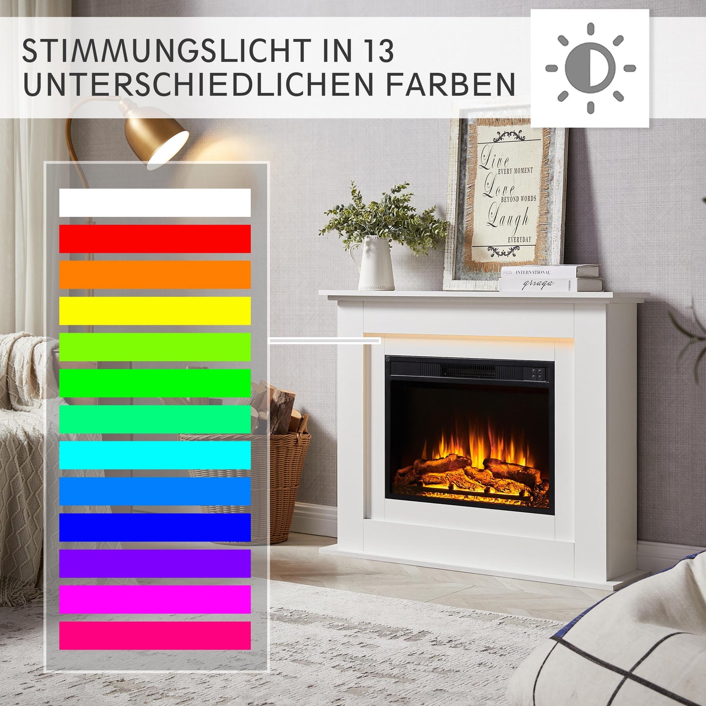 BALDERIA Finn Elektrokamin - Standkamin mit Heizung 2000 W, realistischer 3D-Flammeneffekt, Ambientebeleuchtung, Fernbedienung, Timer, Thermostat - Weiß