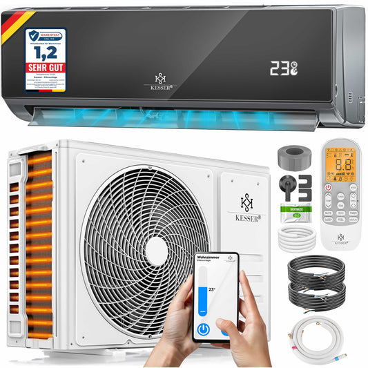 KESSER® Klimaanlage Set Split - mit WiFi/App Funktion Klimagerät - Kühlen A++/ Heizen A+ - 9000 BTU/h (2.600 Watt) Sehr Leise, Kältemittel R32 - Fernbedienung, Timerfunktion - Inkl. Montagematerial