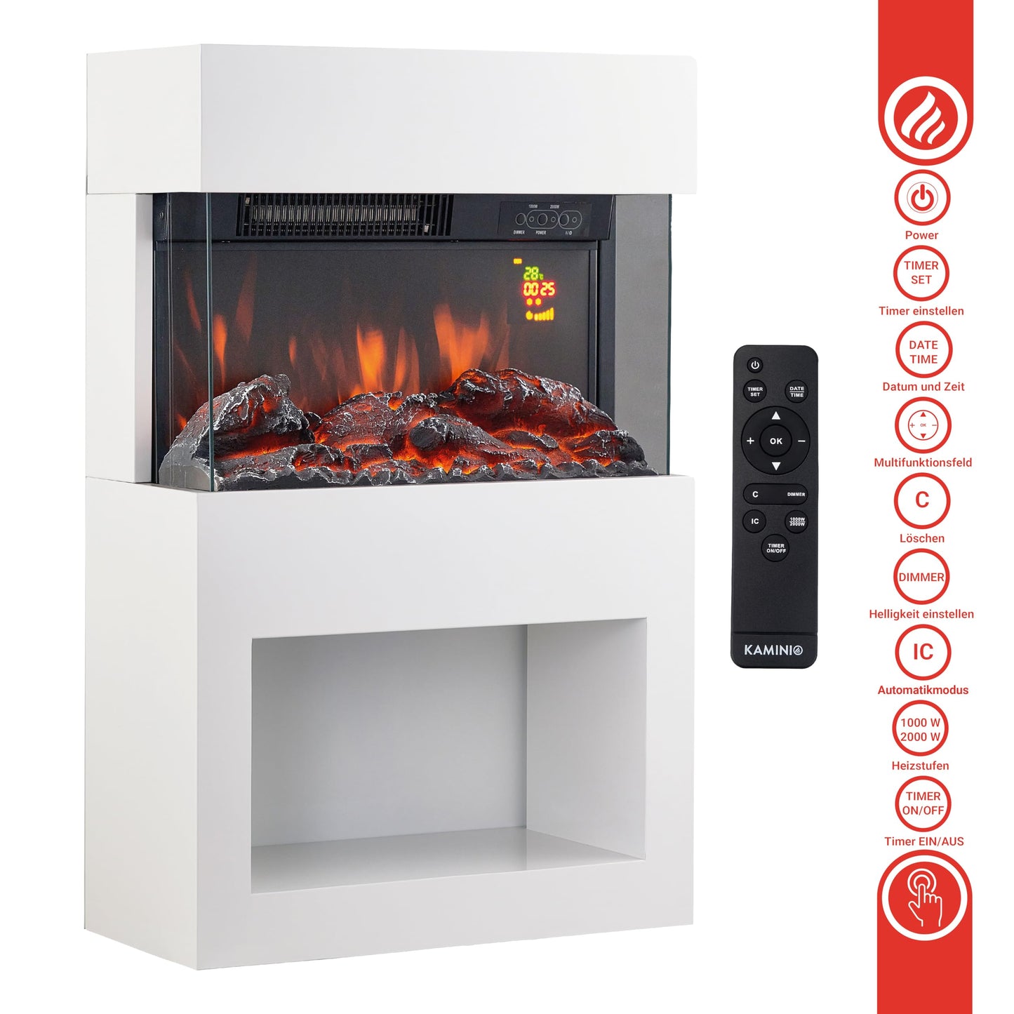 KAMINIO Elektrokamin Henri - Elektrischer Kaminofen mit Heizung, 3D-Flammeneffekt, Holzfach, Fernbedienung (Weiß)